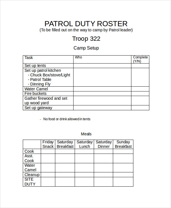 monthly duty roster format excel